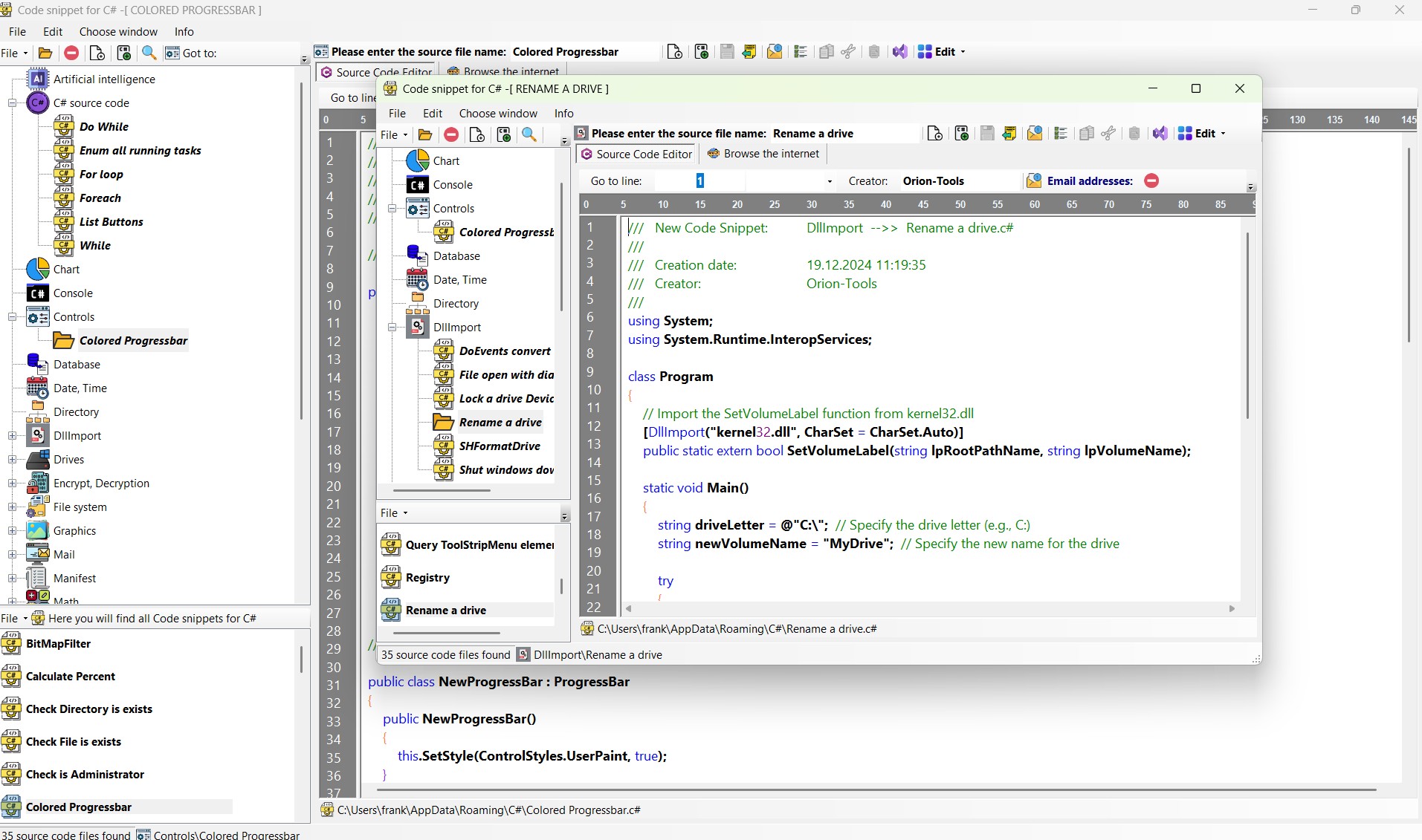 Code snippet for C#